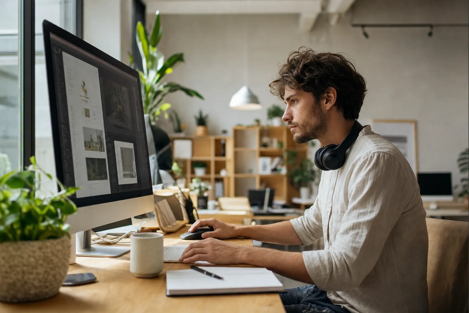 Designer concentré à son bureau devant un grand écran
