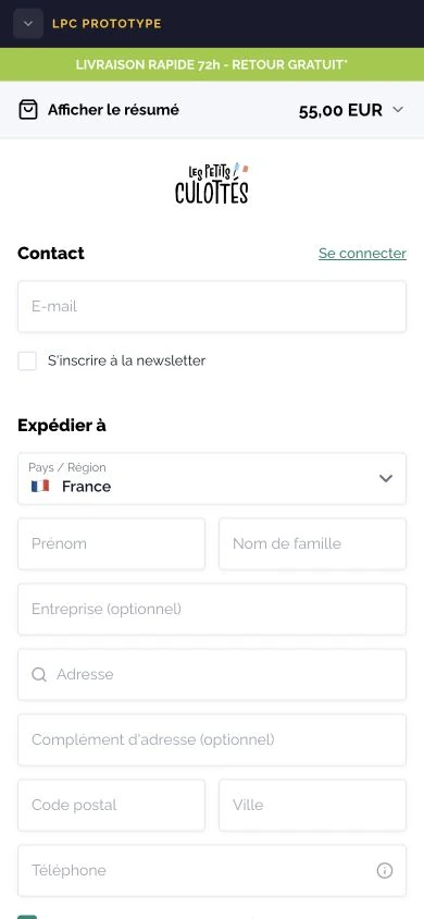 Prototype de checkout mobile Les Petits Culottés · 2026.