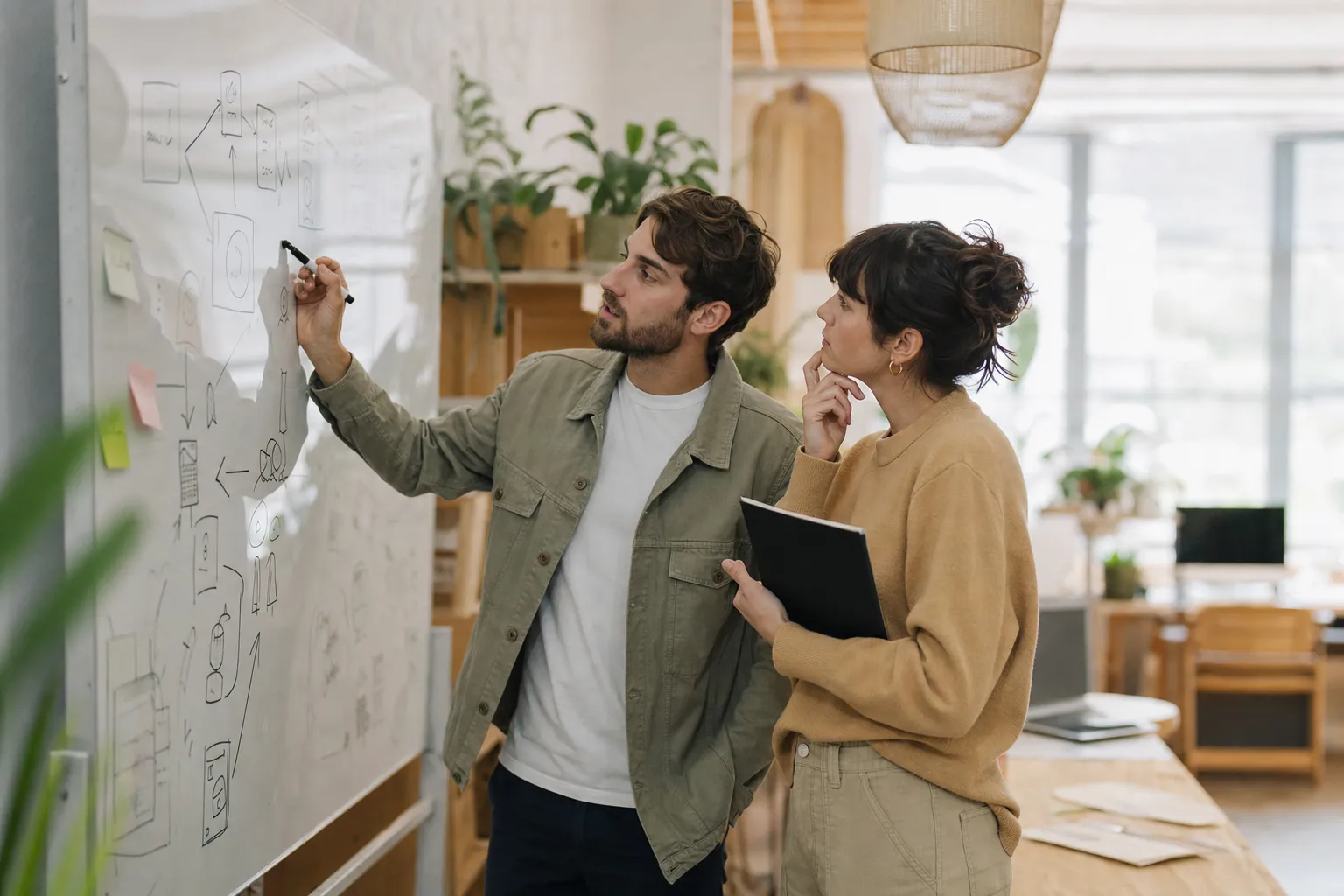 Deux designers devant un tableau blanc couvert d’un parcours utilisateur